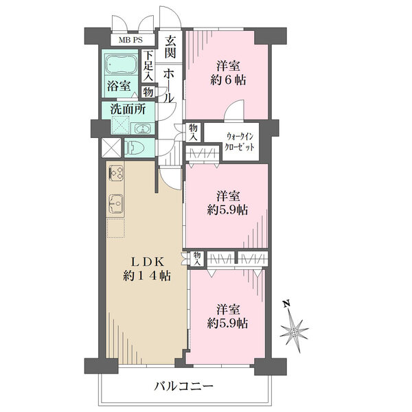 2階部分の南西向き住戸。日々のお掃除がしやすい全居室フローリング仕様、収納豊富な間取りです。