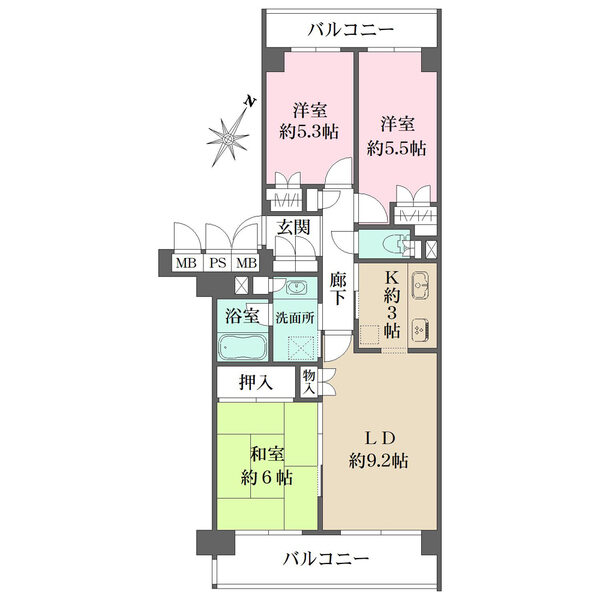 3階部分、南東?北西2面バルコニー付き住戸。キッチンは家事効率の良い2WAY動線。全居室に収納有り。