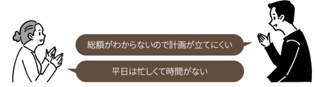 総額がわからないので計畫が立てにくい　平日は忙しくて時間がない