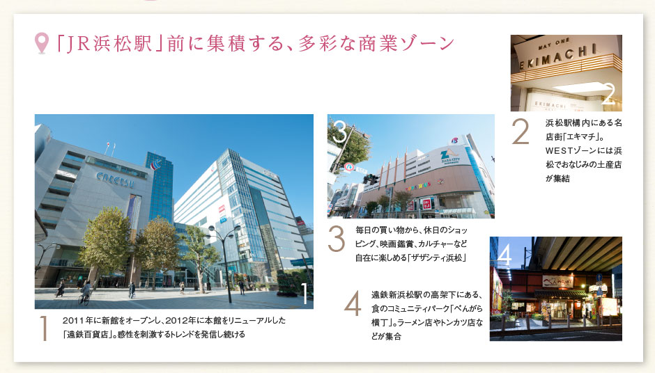 「JR浜松駅」前に集積する、多彩な商業ゾーン ［1］2011年に新館をオープンし、2012年に本館をリニューアルした「遠鉄百貨店」。感性を刺激するトレンドを発信し続ける ［2］浜松駅構內にある名店街「エキマチ」。WESTゾーンには浜松でおなじみの土産店が集結 ［3］毎日の買い物から、休日のショッピング、映畫鑑賞、カルチャーなど自在に楽しめる「ザザシティ浜松」 ［4］遠鉄新浜松駅の高架下にある、食のコミュニティパーク「べんがら橫丁」。ラーメン店やトンカツ店などが集合