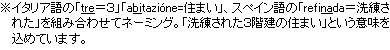 ※イタリア語の「tre＝３」「abitazióne=住まい」、スペイン語の「refinada＝洗練された」を組み合わせてネーミング。「洗練された３階建の住まい」という意味を込めています。