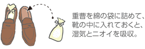 重曹を綿の袋に詰めて、靴の中に入れておくと、濕気とニオイを吸収。