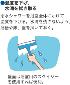 ●溫度を下げ、水滴を拭き取る　冷水シャワーを浴室全體にかけて溫度を下げる。水滴を殘さないよう、浴槽や床、壁を拭いておく。／壁面は浴室用のスクイジーを使用すれば便利。