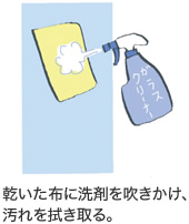 乾いた布に洗剤を吹きかけ、汚れを拭き取る。